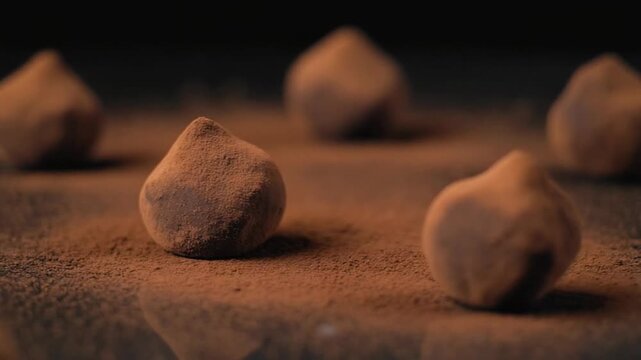 Delicious Chocolate Truffles Coated in Cocoa Powder on a Dark Surface. 4k Food Footage Video