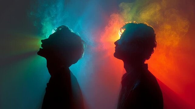 Live concert with bright stage lights and smoke concept. Creative double exposure silhouette of a person with colorful light and smoke effects in vibrant red and blue hues
