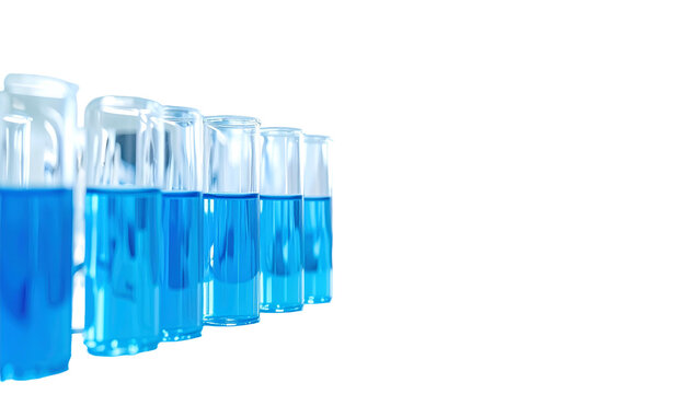 Line of transparent test tubes filled with bright blue liquid against a black background