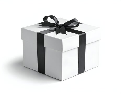Square, white gift box with a black ribbon tied into a bow on top, casting a shadow