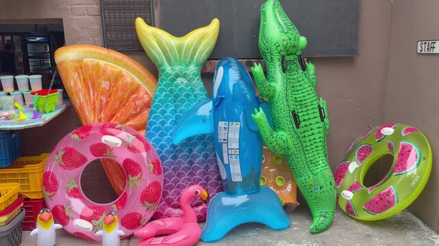 A row of Lilos outside a summer themed shop.