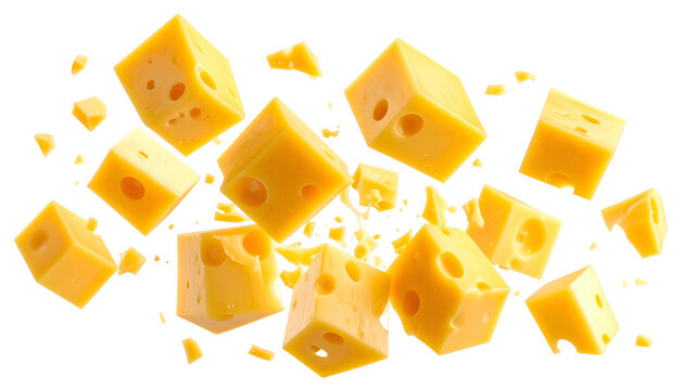Cubed yellow food product with holes, seemingly mid-air, on black background