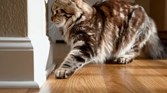 Tabby cat stalking on wooden floor indoors