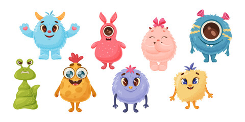 set of colorful cute monster characters , diverse shapes and expressions