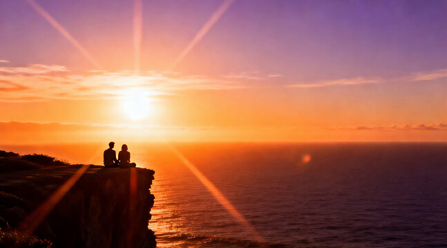 Two people sitting on a cliff edge watching a vibrant sunset over the ocean