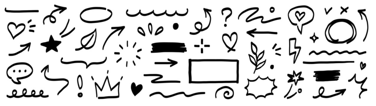 Marker line brush arrow, underline, highlight scribble set. Marker pen line brush hand drawn arrow stroke sketch element shape graphic vector. Doodle underline circle frame icons. Vector illustration