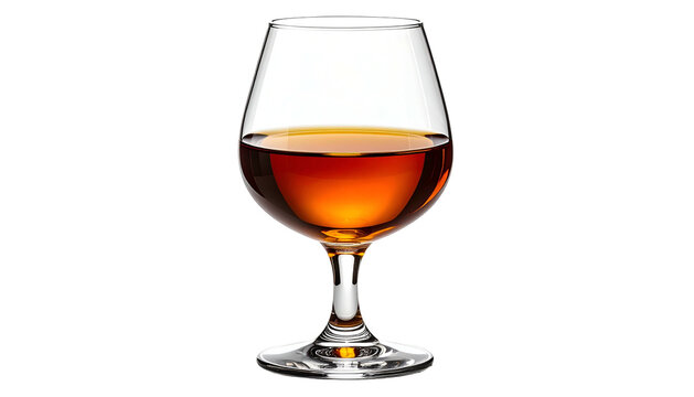 A snifter of amber liquid sits against a stark black background, showcasing its contents