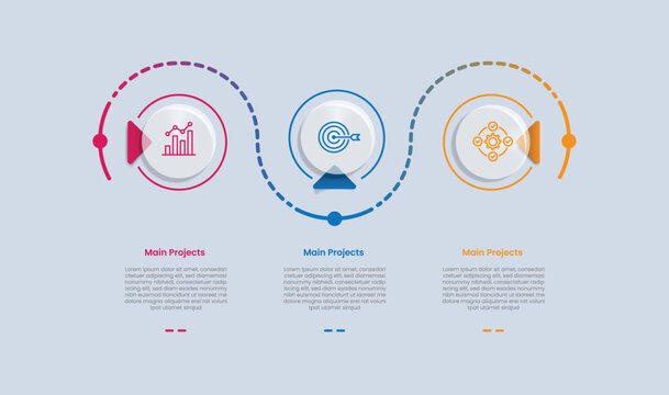 3 points infographic with glossy gradient style with circle and dotted outline line circular up and down with three segment information