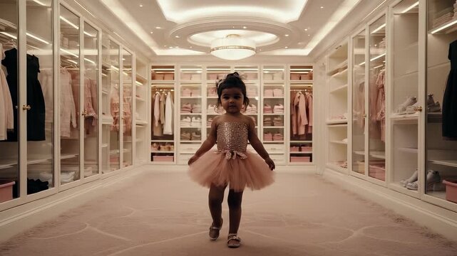 A 3 year old girl in a sparkly tutu walks slowly through a large walk-in closet. She smiles while exploring rows of mini dresses and looks at the soft carpets and shining lights above