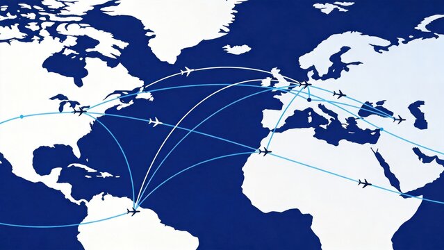 Global airline route map illustration with airplanes connecting continents,representing international travel,logistics,transportation network and worldwide connectivity concept