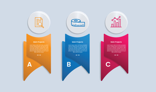 3 points infographic with glossy gradient style with creative round trapezoid double layer with circle on top with three segment information