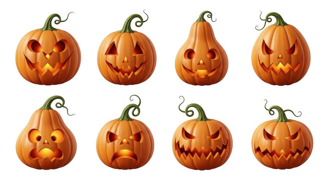 Collection of carved jack o lanterns with various spooky faces isolated on transparent background for halloween