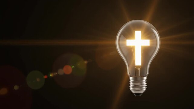 A light bulb in a dark background with a Christian cross.