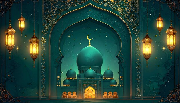 Royal Islamic greeting card design, majestic mosque with glowing dome, ornate arabesque frame, deep emerald background with gold foil texture, hanging lanterns, soft ambient light, luxurious Ramadan m
