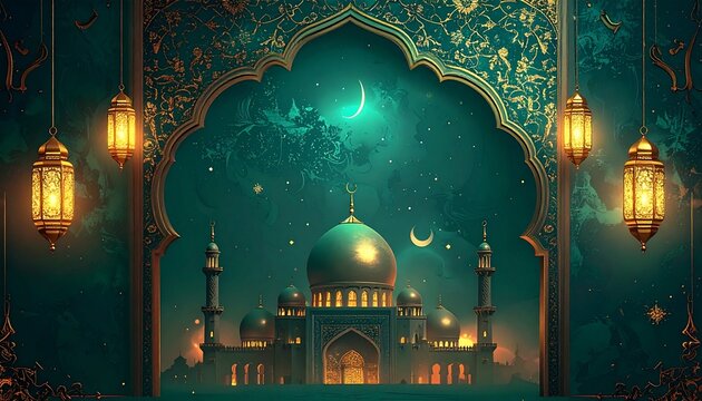Royal Islamic greeting card design, majestic mosque with glowing dome, ornate arabesque frame, deep emerald background with gold foil texture, hanging lanterns, soft ambient light, luxurious Ramadan m
