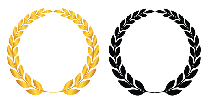 Metallic gold laurel wreath ornament &ndash; An elegant circular laurel wreath featuring rich metallic gold tones, ideal for logos, certificates, badges, and luxury visual accents