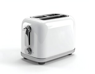 A shiny white kitchen appliance, a toaster, on a white background, lit from the front