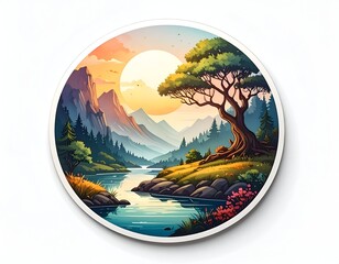 A round, scenic landscape of mountains, rivers, trees, and a setting sun