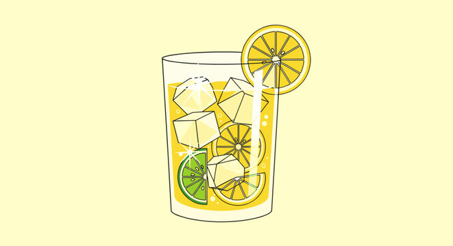 A refreshing illustration showcases a glass of lemonade, complete with ice cubes, lemon and lime slices, and a lemon wedge garnish, against a pastel yellow background, perfect for summer.