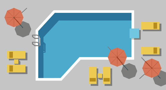 An overhead view illustrates a vibrant, cartoon-style depiction of a swimming pool area, complete with lounge chairs, umbrellas, and a clean, inviting atmosphere, perfect for summer relaxation.