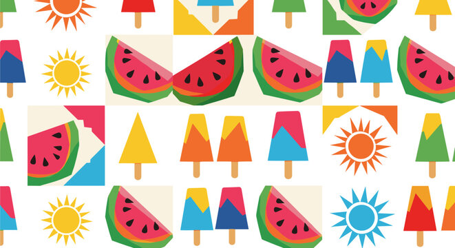 A vibrant, colorful summer pattern featuring watermelon slices, popsicle treats, and radiant sun illustrations, perfect for backgrounds and designs related to warm weather and fun.