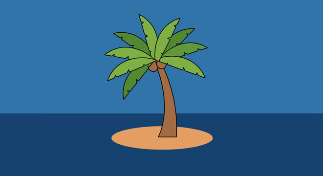 A vibrant cartoon illustration depicts a solitary palm tree on a small island, set against a backdrop of a vast, tranquil blue ocean, evoking tropical vibes.