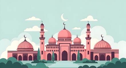 Fototapeta premium Pastel Islamic Mosque Illustration with Crescent Moon for Ramadan and Eid Background