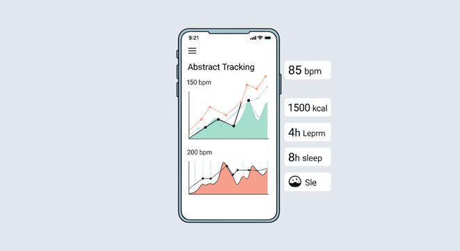 A modern smartphone displays an abstract health tracking application with vital statistics including heart rate, calories burned, exercise time, and sleep duration, presented on a light gray