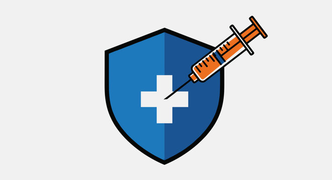 A vector illustration depicts a medical shield with a white cross and a syringe, symbolizing healthcare, vaccination, and protection against diseases in a clean, modern design.