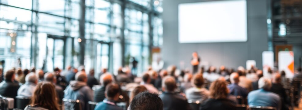 Conference audience listening to speaker in modern large hall  