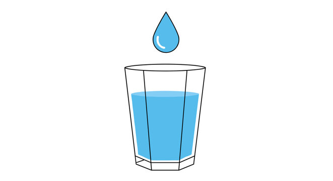 A refreshing illustration depicts a clear glass partially filled with water, with a single droplet falling from above, symbolizing hydration and purity on a white background.