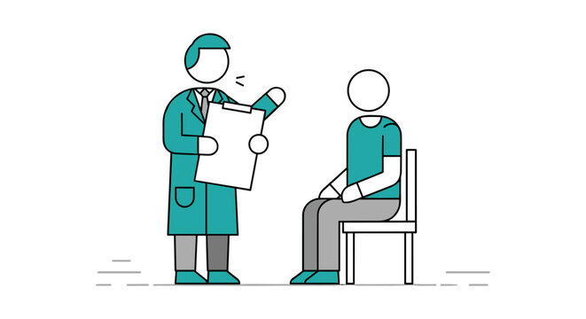 A doctor in a teal coat consults with a patient sitting on a chair, reviewing a clipboard in a simplified, flat illustration style, focusing on healthcare.