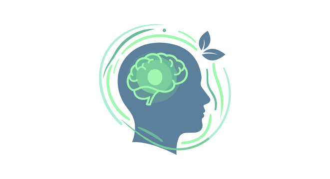 A stylized illustration depicts a human head profile with a glowing brain, surrounded by swirling lines and leaves, symbolizing mental health and well-being.