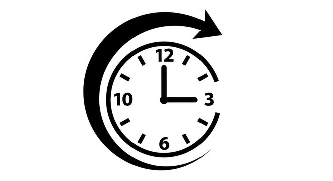 A black and white illustration of a clock with an arrow rotating around it in a circular motion on transparent background