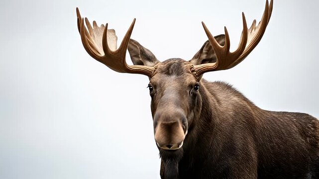 Moose with large antlers looking forward.