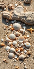 Seashells and oceanic treasures scattered on sandy shore, sand, ||seashells