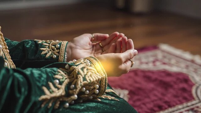 Close up shot of a woman in prayer using rosary beads on a prayer mat