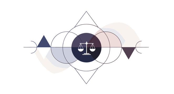 An abstract illustration presents a stylized balance scale within geometric shapes and a subtle color palette, symbolizing justice and legal concepts in a modern design.