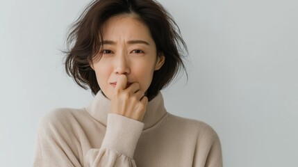 Middle aged Korean woman coughing and feeling unwell against a plain background.