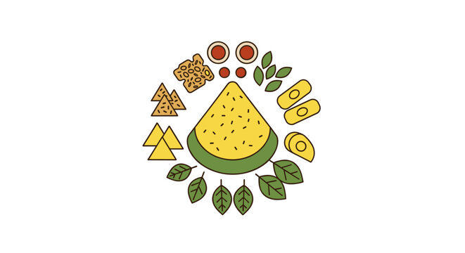 A vibrant, flat-design illustration showcases a colorful arrangement of fresh food items including a watermelon slice, avocado, leaves, and chips, perfect for culinary and healthy eating concepts.