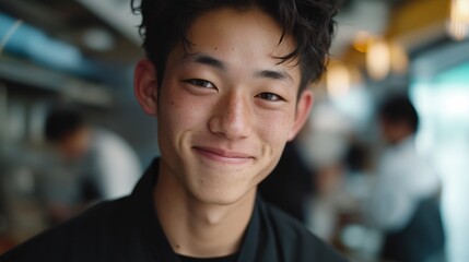Portrait of a smiling young Japanese man with freckles in a modern cafe.