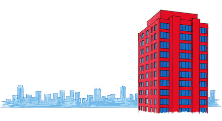 Obraz premium Vibrant red skyscraper stands tall against a stylized blue cityscape silhouette symbolizing urban development and modern