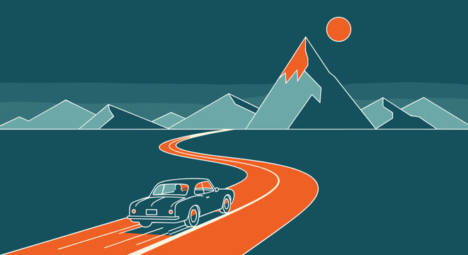 An illustrated vintage car travels along a winding road towards a mountain range with a setting sun, evoking a sense of adventure and travel in a stylized graphic.