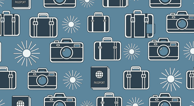 A repeating pattern showcases travel icons, including cameras, suitcases, sunbursts, and passports, arranged on a teal blue background, creating a seamless and visually appealing design.