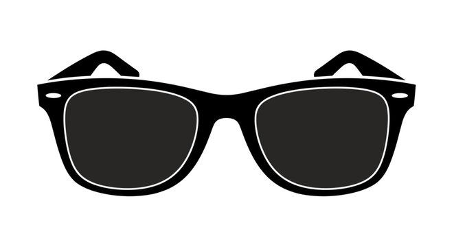 A minimalist black and white illustration depicts a pair of stylish sunglasses, perfect for representing fashion, summer, protection, and a sense of cool sophistication against a clean white backdrop.