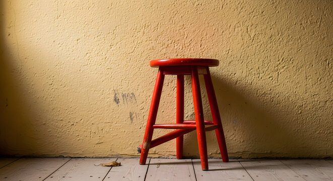 Minimalist composition showing a weathered three legged stool on a wooden floor in soft side lighting