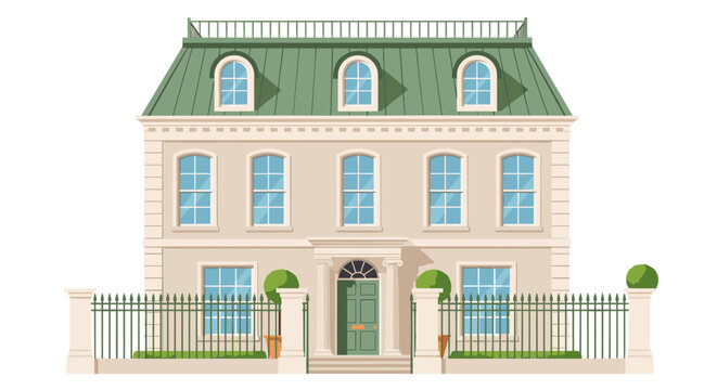 Elegant french mansard style townhouse with a green mansard roof dormer windows and an ornate entrance set behind a black wrought