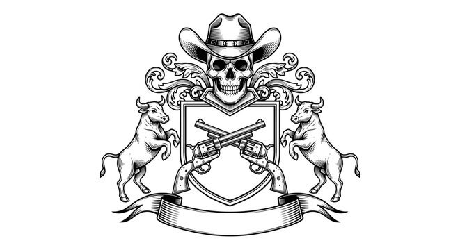 Emblematic crest with skull wearing cowboy hat crossed pistols rampant bulls and scroll vector illustration in vintage western