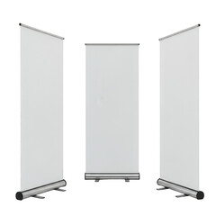 Three retractable banner stands displayed side by side isolated on transparent background