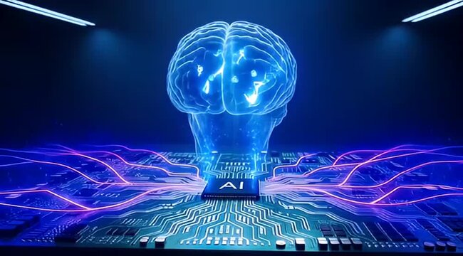 Artificial intelligence conceptual illustration depicting a glowing brain above a processor